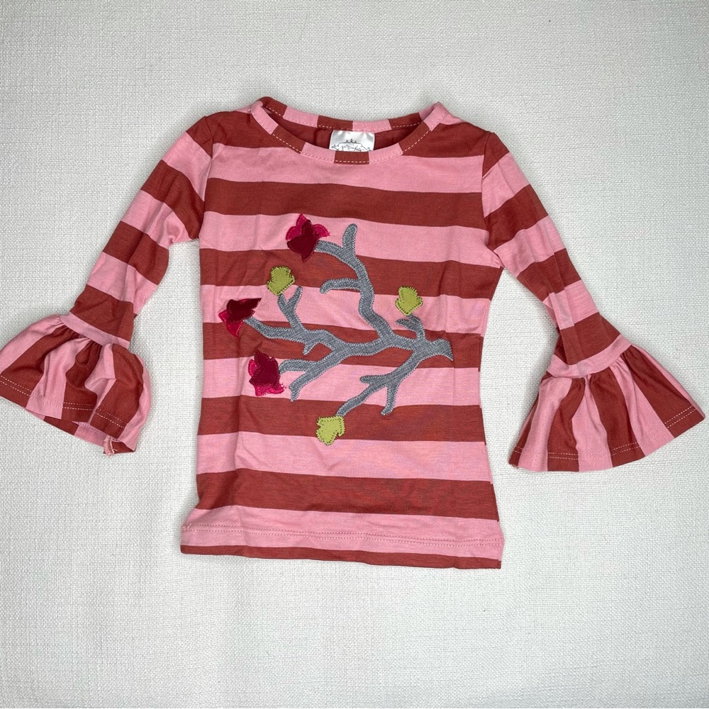 Persnickety Autumn Splendor Ruffle Sleeve Tee Brown Pink Stripe Applique… - Picture 1 of 11